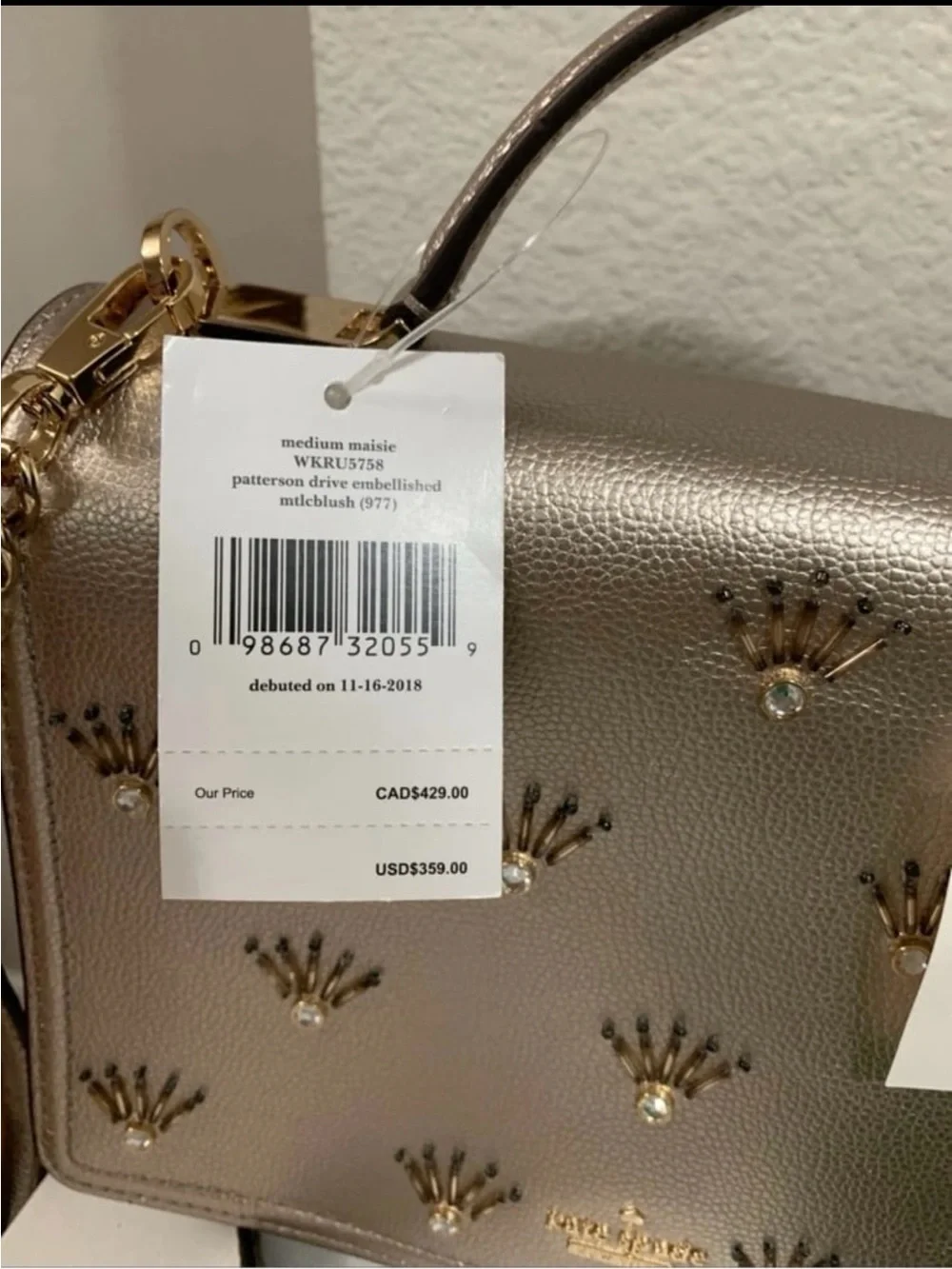 Kate Spade Metallic Champagne Maisie Patterson crossbody purse $359